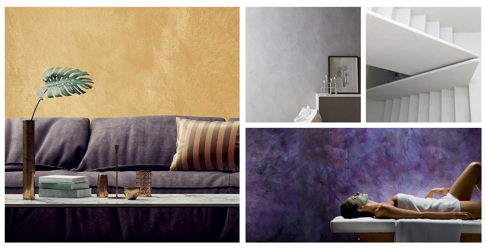 Finiture decorative Decolor: parete dorata in un soggiorno, superfici materiche grigie, scala bianca e parete viola in una spa.
